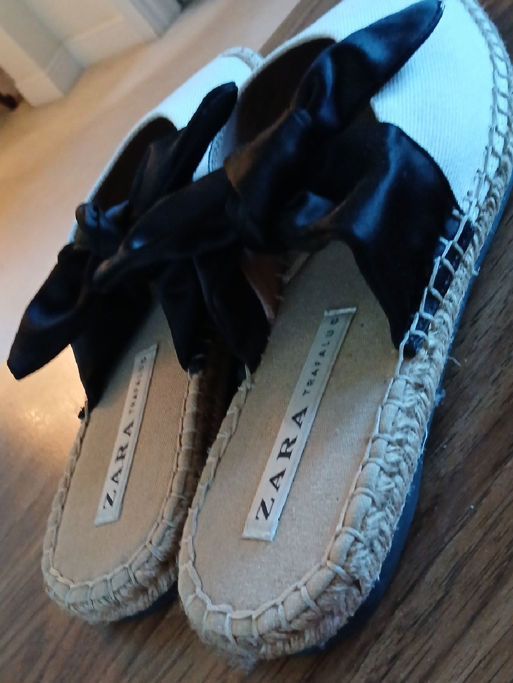 ZARA Cream Canvas Espadrilles with Black Satin Bow